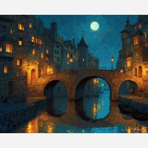 magical town, canal city, moonlight reflection, oil painting, fantasy architecture, soft magic, painterly texture, calm atmosphere, glowing windows, dreamy scenery, detailed oil, serene mood, fantasy cityscape, tranquil water