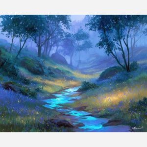 fantasy stream, glowing water, oil painting, soft fantasy, dreamy meadow, painterly texture, calm atmosphere, magical nature, gentle glow, detailed oil