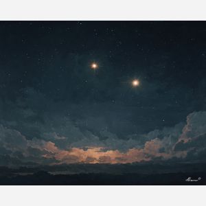 minimal night sky, two stars, oil painting, magical nature, calm atmosphere, painterly texture, serene mood, simple composition, quiet space, soft fantasy, tranquil sky
