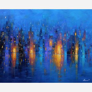 magical coast city, sapphire water, oil painting, fantasy seascape, soft magic, painterly texture, calm atmosphere, glowing shoreline, dreamy scenery, detailed oil