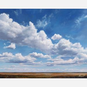 minimal cloud band, empty sky, oil painting, magical nature, calm atmosphere, painterly texture, serene mood, simple composition, soft fantasy