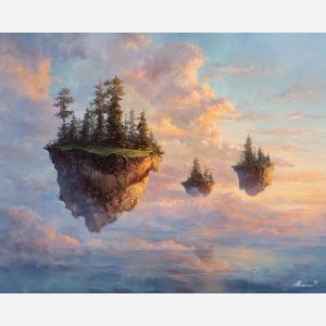 floating islands, fantasy sky, oil painting, soft fantasy, dreamy clouds, painterly texture, calm atmosphere, magical landscape, evening light, detailed oil, serene mood, fantasy world, tranquil scene, ethereal colors, gentle magic