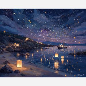 fantasy shore, floating lanterns, oil painting, soft fantasy, dreamy night, painterly texture, calm atmosphere, magical seascape, gentle glow, detailed oil