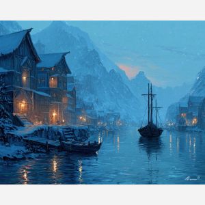 magical winter harbor, glowing water, oil painting, fantasy seascape, soft magic, painterly texture, calm atmosphere, pale light, dreamy coastal scene, detailed oil