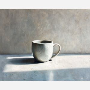 ceramic mug, kitchen still life, soft light, oil painting, domestic comfort, painterly texture, calm atmosphere, everyday kitchen, inviting interior, simple object, detailed oil, peaceful mood, interior art, cozy kitchen, lived-in home
