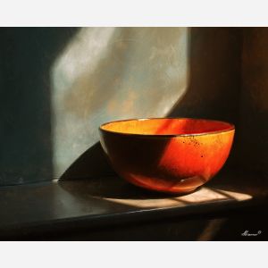 ceramic bowl, kitchen still life, warm light, oil painting, domestic comfort, painterly texture, calm atmosphere, everyday kitchen, inviting interior, soft reflections, detailed oil, peaceful mood, interior art, cozy kitchen, simple objects, lived-in home