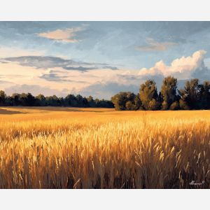wheat field, countryside landscape, oil painting, warm sunlight, painterly texture, peaceful atmosphere, calm nature, detailed oil, tranquil mood, living room art, bedroom decor, serene scenery