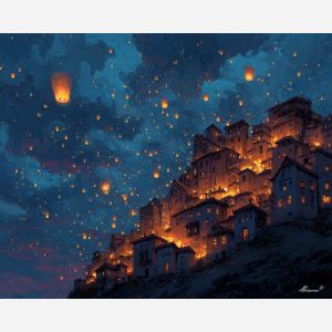 magical hillside city, floating lanterns, oil painting, fantasy settlement, soft magic, painterly texture, calm atmosphere, glowing lights, dreamy cityscape, detailed oil