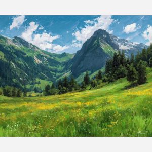 swiss alps, alpine meadow, oil painting, cultural landscape, mountain pasture, painterly texture, everyday switzerland, detailed oil