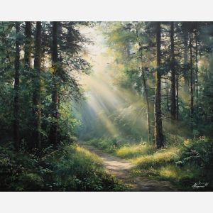 forest sunlight, woodland path, oil painting, warm light, painterly texture, peaceful nature, calm atmosphere, detailed oil, tranquil landscape, living room art, bedroom decor, serene mood
