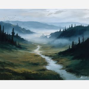 minimal valley, drifting mist, oil painting, magical nature, calm atmosphere, painterly texture, serene mood, simple land, gentle fantasy, minimal composition, tranquil scene