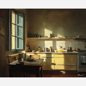 evening kitchen, calm interior, warm light, oil painting, domestic comfort, painterly texture, quiet atmosphere, everyday kitchen, inviting space, soft shadows, detailed oil, peaceful mood, interior art, cozy kitchen, lived-in home