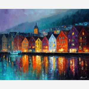 bergen bryggen,norway harbor,oil painting,rain reflections,afremov style