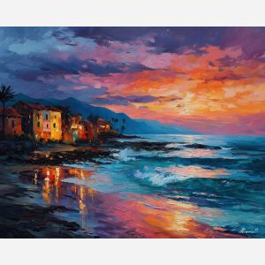 spain coast dawn,oil painting,afremov style