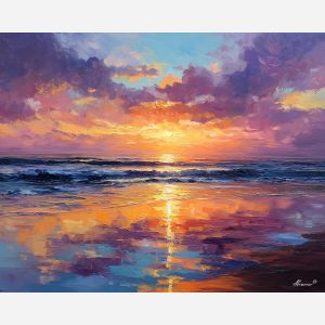 portugal coast sunset,atlantic shore,oil painting,afremov style