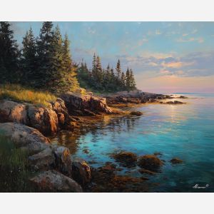 maine coast, rocky shore, oil painting, usa landscape, atlantic ocean, soft dawn light, painterly texture, calm scenery, detailed oil, serene mood