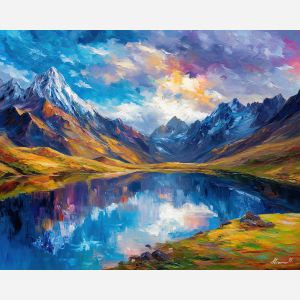 andean lake,reflection landscape,oil painting,afremov style