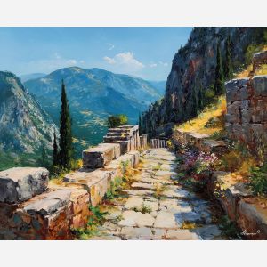 delphi ruins,ancient greece,oil painting,mountain landscape,afremov style