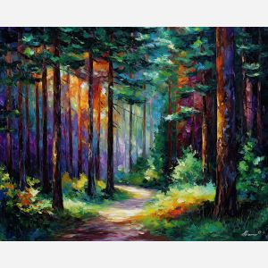 swedish forest,pine trees,pathway,oil painting,afremov style