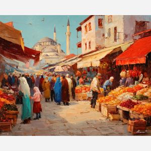 turkish market,cultural scene,oil painting,afremov style