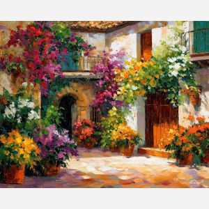 cordoba patio,andalusia flowers,oil painting,afremov style