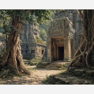 angkor wat, jungle temple, oil painting, world wonder, ancient ruins, tree roots, painterly texture, calm atmosphere, detailed oil