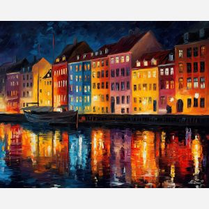 copenhagen harbor,nyhavn,denmark city,oil painting,afremov style