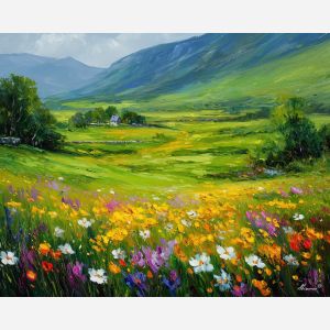ireland spring meadow,wildflowers,oil painting,afremov style