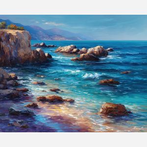 crete coast,greek sea,oil painting,rocky shore,afremov style