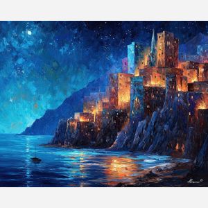 crystal city, glowing cliffs, oil painting, magical world, fantasy architecture, painterly texture, colorful seascape