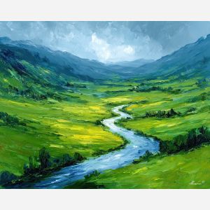 ireland river valley,green landscape,oil painting,afremov style