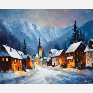 austrian winter village,snow landscape,oil painting,afremov style