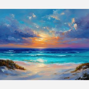 cancun beach, mexican coast, oil painting, turquoise water, afremov style, tropical scenery