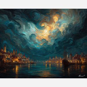 fantasy storm harbor, glowing clouds, oil painting, magical world, dramatic sky, painterly texture
