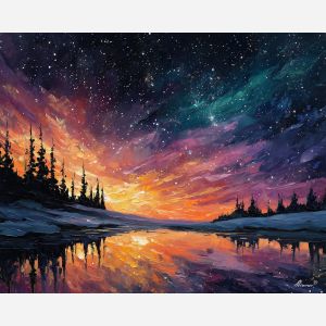 finland night sky,stars landscape,oil painting,afremov style