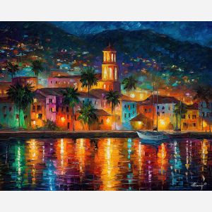 puerto vallarta, coastal mexico, oil painting, night reflections, afremov style