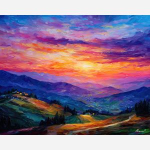 japan hills,sunset landscape,oil painting,afremov style