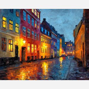 aarhus old town,denmark history,oil painting,afremov style