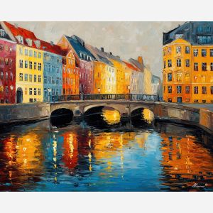 copenhagen canal bridge,city waterway,oil painting,afremov style