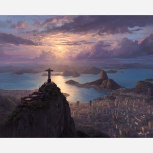 christ the redeemer, rio de janeiro, oil painting, world wonder, monumental statue, soft light, painterly texture, calm atmosphere, detailed oil