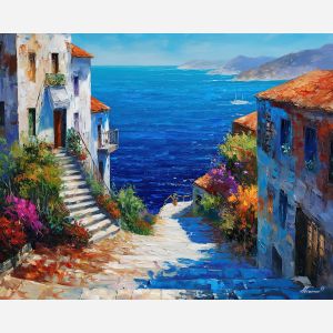 aegean islands,stone path,greece,oil painting,afremov style