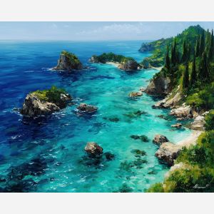 corfu island,green coast,greece,oil painting,afremov style