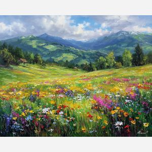 norway meadow,summer landscape,oil painting,afremov style