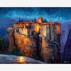 meteora monasteries,greek landscape,oil painting,rock formations,afremov style