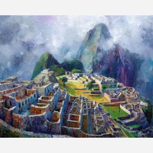machu picchu, mountain ruins, oil painting, world wonder, ancient city, misty landscape, painterly texture, calm atmosphere, historic site, detailed oil