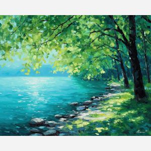 finland spring lake,shoreline,oil painting,afremov style