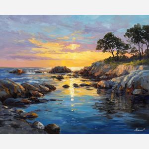 sweden coast dawn,rocky shore,oil painting,afremov style