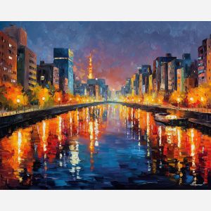 osaka river,urban japan,oil painting,afremov style
