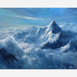 mount everest, high mountain peak, oil painting, world wonder, alpine landscape, painterly texture, calm atmosphere, detailed oil