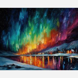 lapland aurora,northern lights,sweden winter,oil painting,afremov style